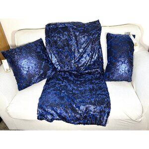 Aviva Stanoff Blue Sequined Blanket and 2 Pillow Luxury set, Super Soft, NWT, MS